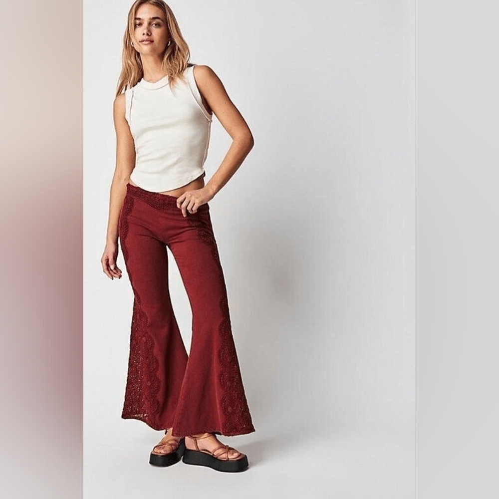 Free People Neptune's Net Crochet Bell Bottom Flared Knit Pants In 4